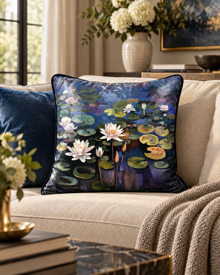 Night Lotus Desenli Keten Dekoratif Kırlent